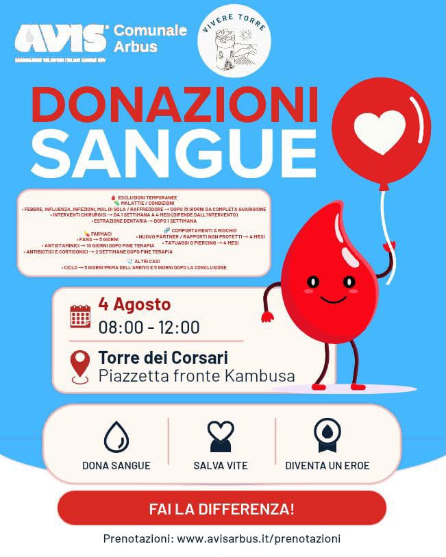 Locandina donazioni 4 agosto 2026 Torre dei Corsari